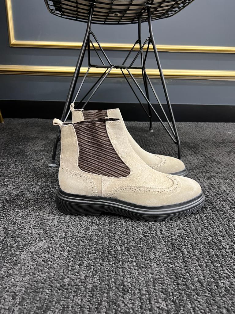 Berton Beige Suede Wingtip Chelsea Boots - Timeless Elegance
