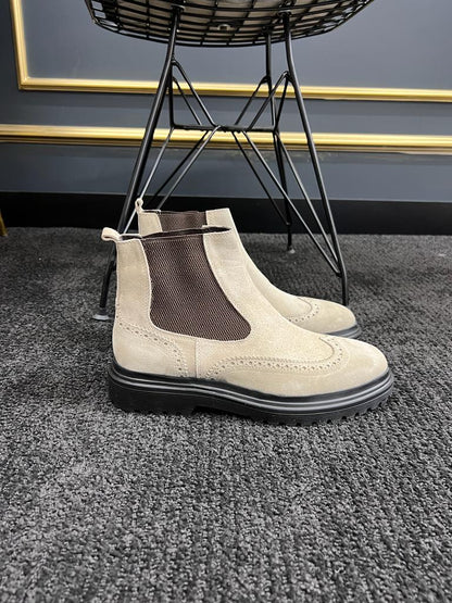 Berton Beige Suede Wingtip Chelsea Boots - Timeless Elegance