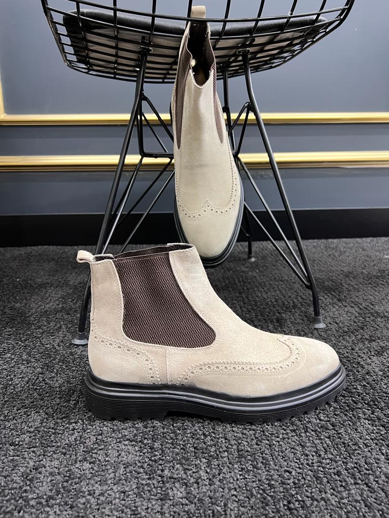 Berton Beige Suede Wingtip Chelsea Boots - Timeless Elegance