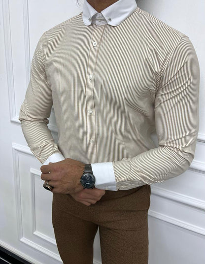 Brabion Sorento Beige Slim Fit Needle Collar Striped Shirt
