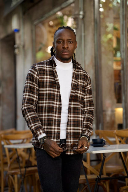 Brabion Lawson Black Slim Fit Double Pocket Plaid Shirt