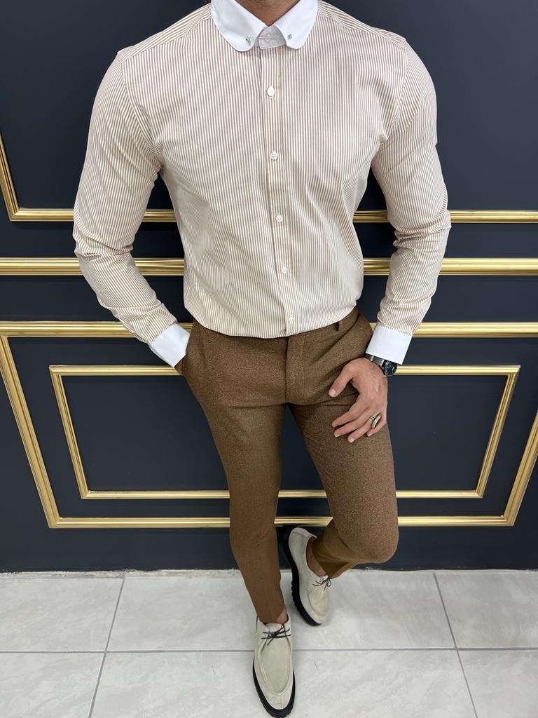 Brabion Sorento Beige Slim Fit Needle Collar Striped Shirt