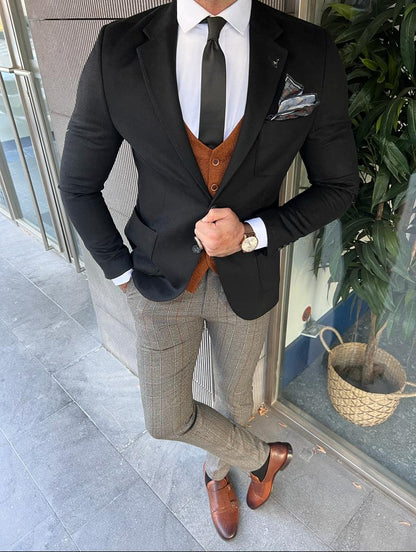 Enzo Black Slim Fit Notch Lapel Wool Blazer