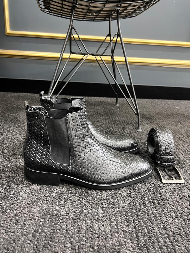Berton Black Woven Pattern Chelsea Boots