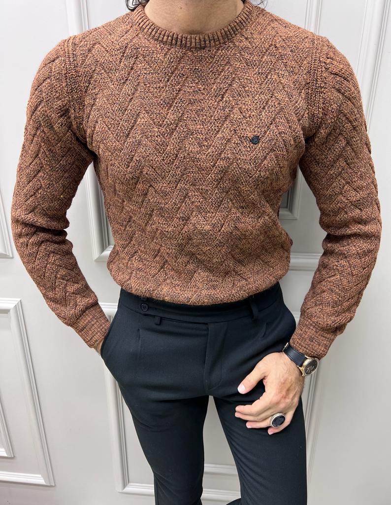 Berton Brown Slim Fit Crewneck Patterned Sweater: Elevate Your Style
