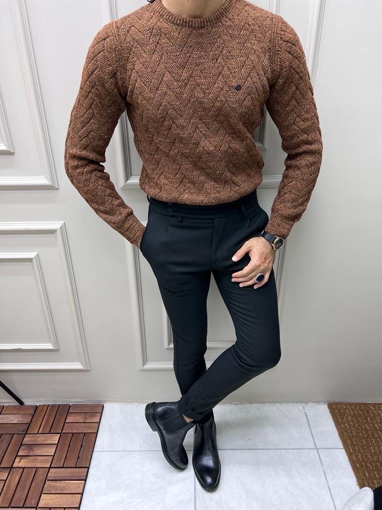 Berton Brown Slim Fit Crewneck Patterned Sweater: Elevate Your Style