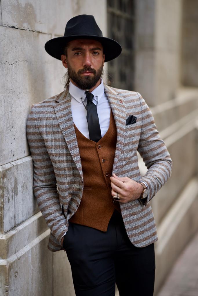 Fabio Brown Slim Fit Notch Lapel Striped Blazer