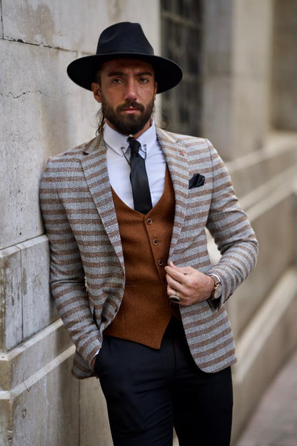 Fabio Brown Slim Fit Notch Lapel Striped Blazer