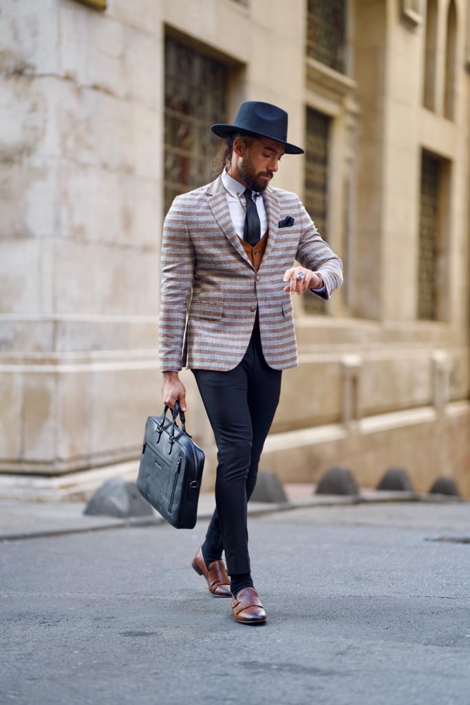 Fabio Brown Slim Fit Notch Lapel Striped Blazer