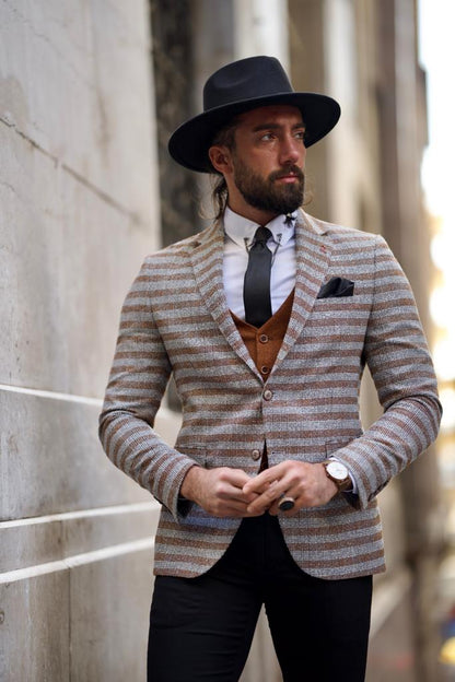 Fabio Brown Slim Fit Notch Lapel Striped Blazer