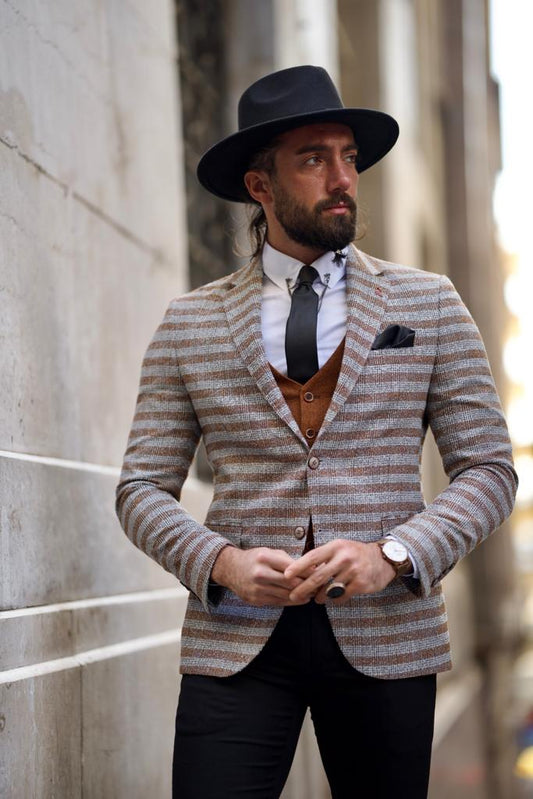 Fabio Brown Slim Fit Notch Lapel Striped Blazer