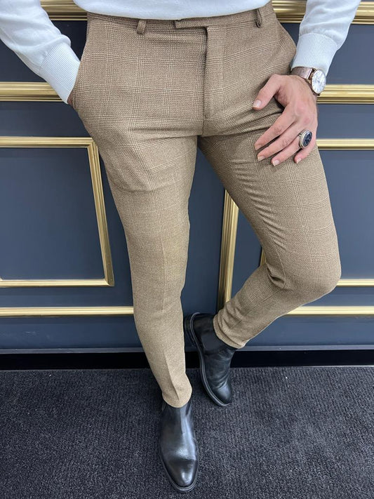 Eros Camel Slim Fit Plaid Wool Pants