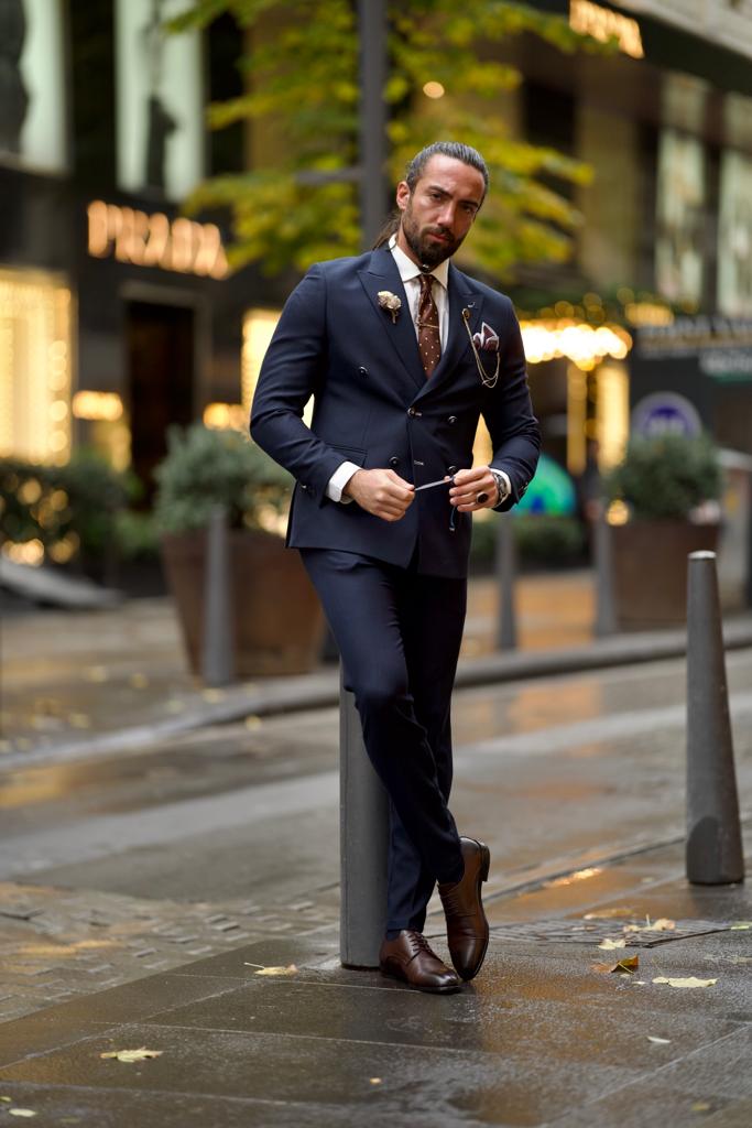 Jake Dark Blue Slim Fit Double Breasted Wool Suit