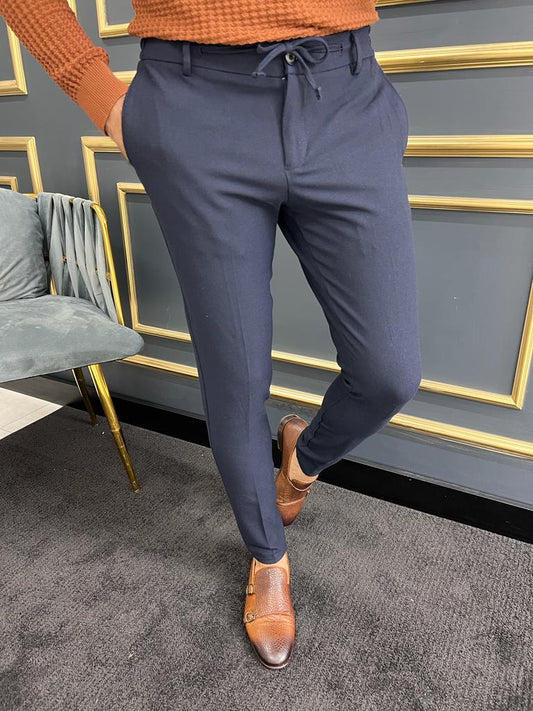 Avion Dark Blue Slim Fit Laced Pants for Versatile Style