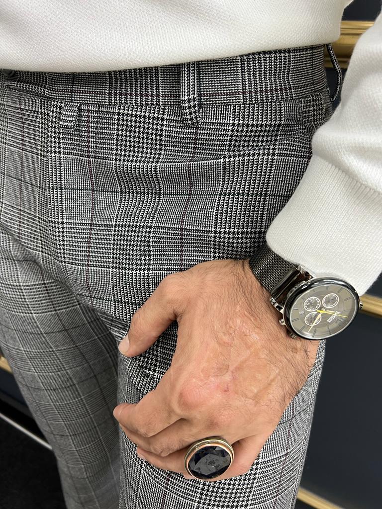 Berton Gray Black Slim Fit Plaid Pants for Any Occasion