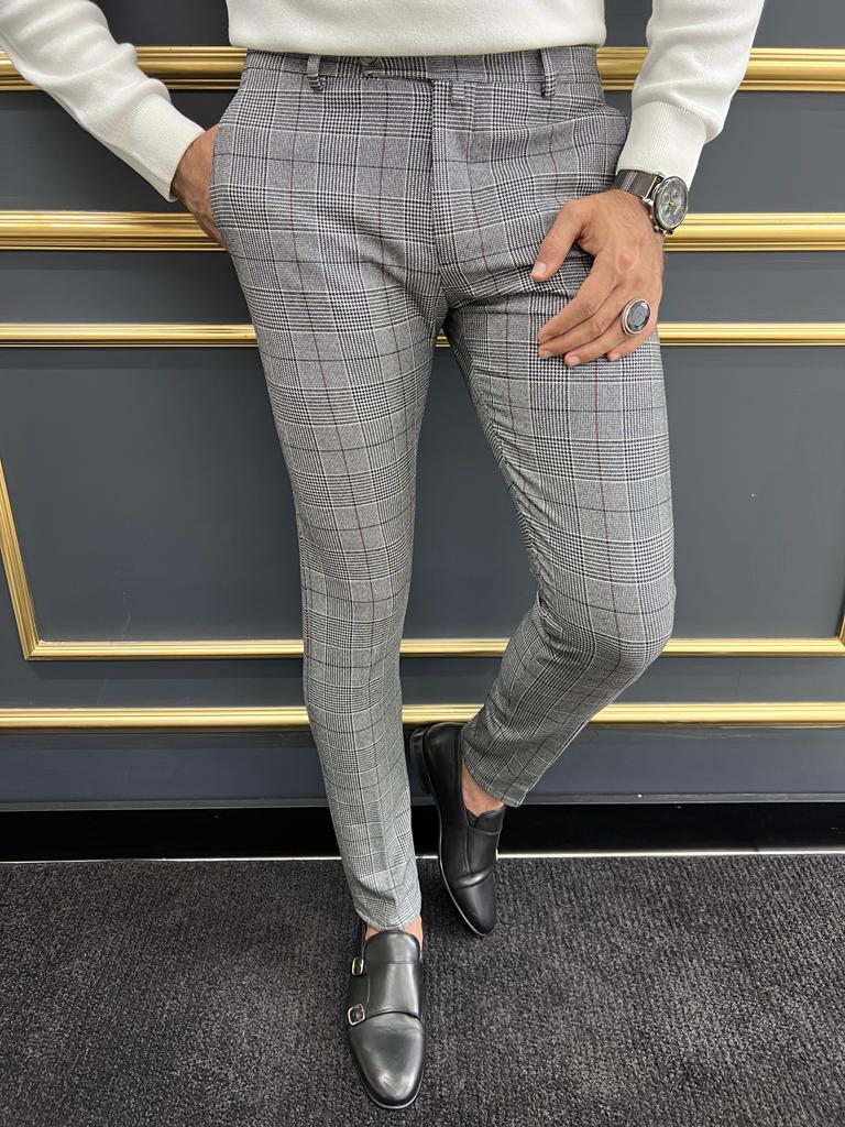 Berton Gray Black Slim Fit Plaid Pants for Any Occasion