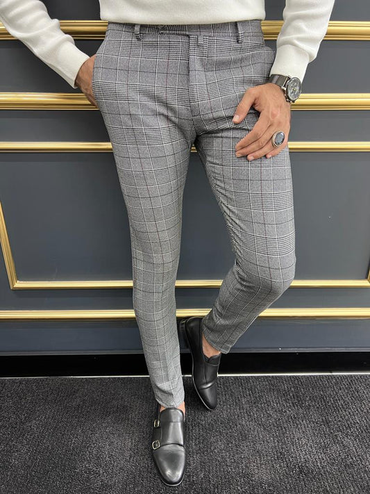 Berton Gray Black Slim Fit Plaid Pants for Any Occasion