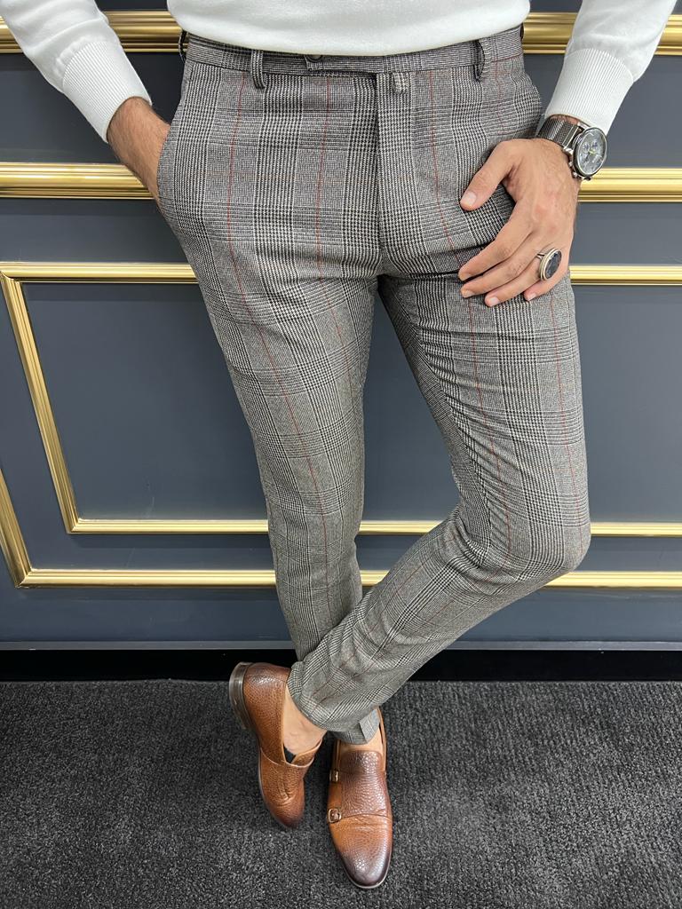 Berton Gray Burgundy Slim Fit Plaid Pants