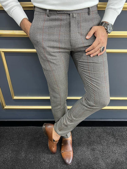 Berton Gray Burgundy Slim Fit Plaid Pants