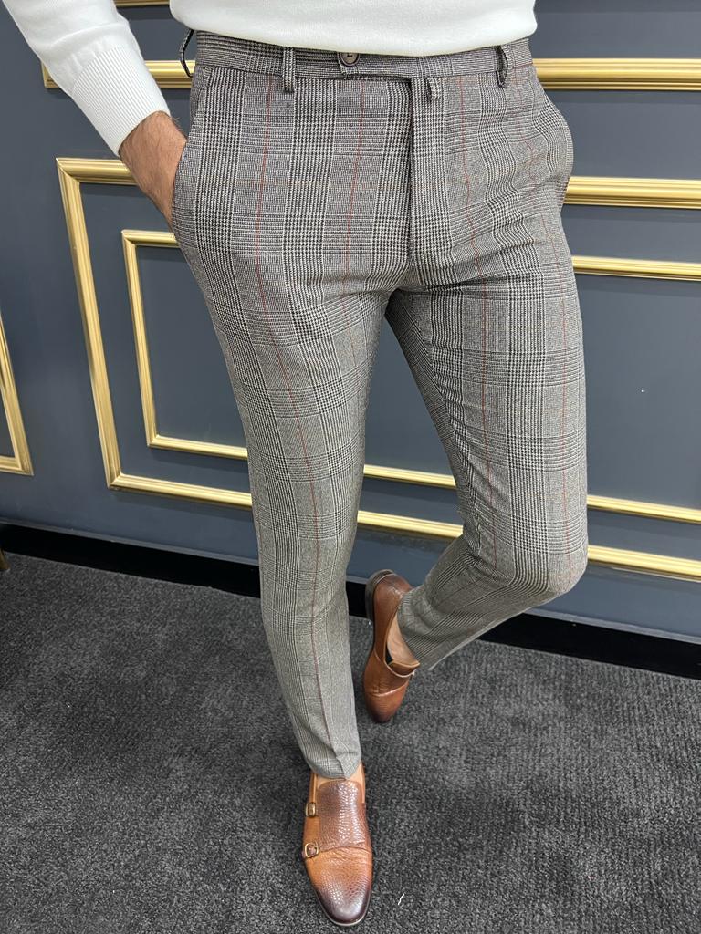 Berton Gray Burgundy Slim Fit Plaid Pants