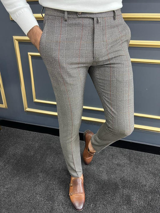 Berton Gray Burgundy Slim Fit Plaid Pants