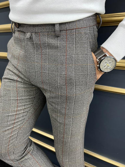 Berton Gray Burgundy Slim Fit Plaid Pants