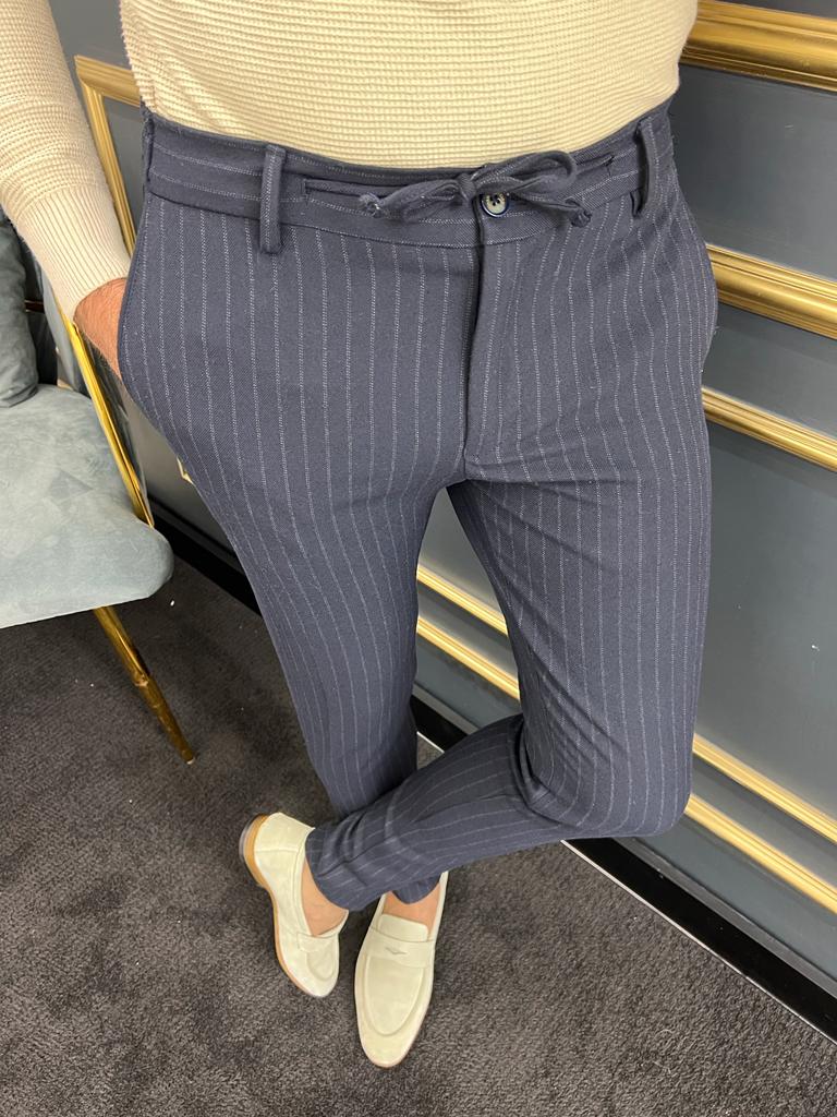 Avion Navy Blue Slim Fit Laced Striped Pants