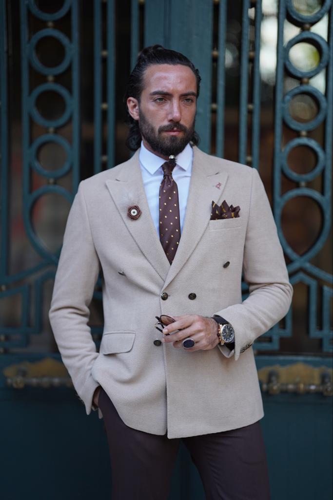 Avion Beige Slim Fit Peak Lapel Blazer