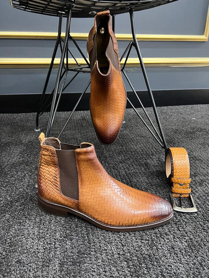 Berton Tan Woven Pattern Chelsea Boots for Men