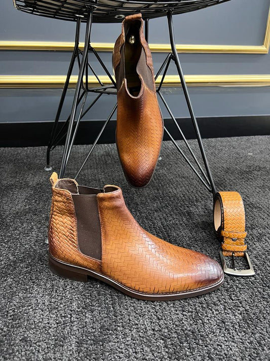 Berton Tan Woven Pattern Chelsea Boots for Men