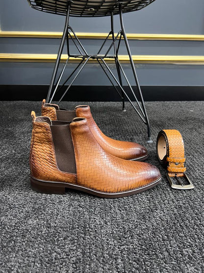 Berton Tan Woven Pattern Chelsea Boots for Men