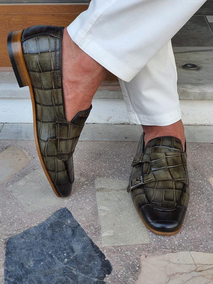 Livorno Green Double Monk Strap Loafers: Elegant Footwear for the Modern Man