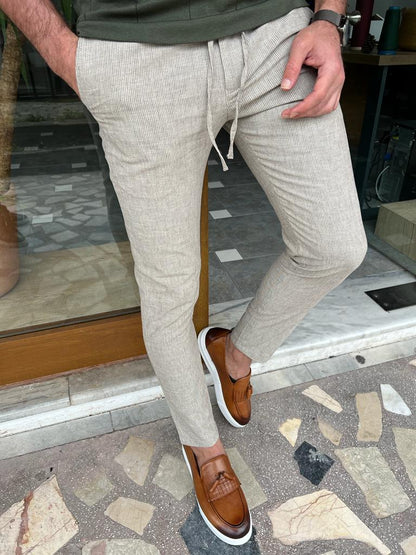 Tampa Beige Slim Fit Linen Laced Pants