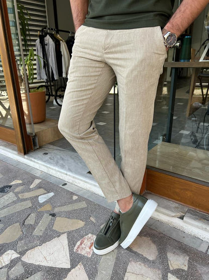 Tampa Beige Slim Fit Linen Pants