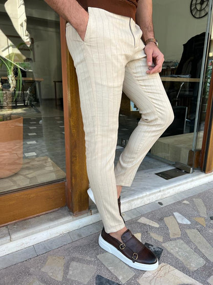 Tampa Beige Slim Fit Pinstripe Linen Pants