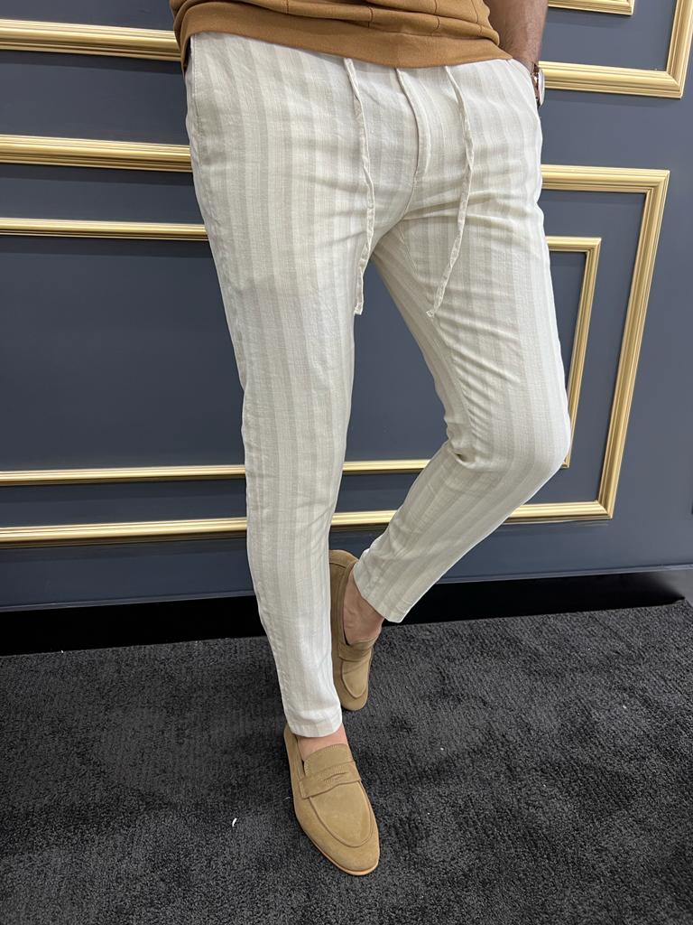 Tampa Beige Slim Fit Striped Laced Pants - The Perfect Blend of Comfort and Style