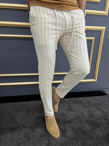 Tampa Beige Slim Fit Striped Laced Pants - The Perfect Blend of Comfort and Style