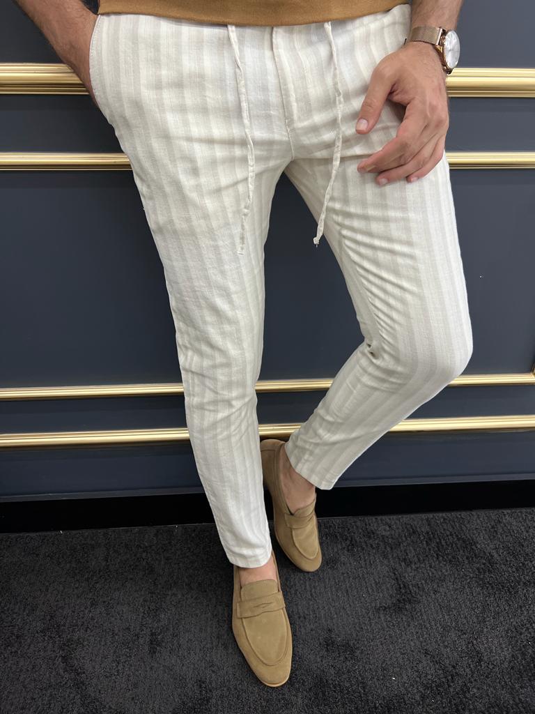 Tampa Beige Slim Fit Striped Laced Pants - The Perfect Blend of Comfort and Style