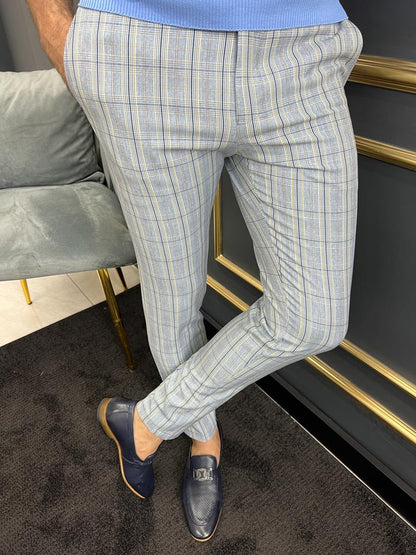 Tampa Blue Slim Fit Plaid Pants - Versatile & Elegant