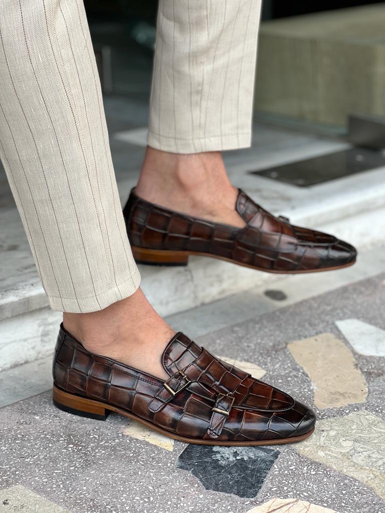 Tampa Brown Crocodile Pattern Monk Strap Loafers