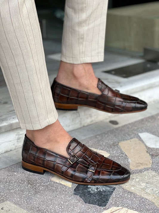 Tampa Brown Crocodile Pattern Monk Strap Loafers