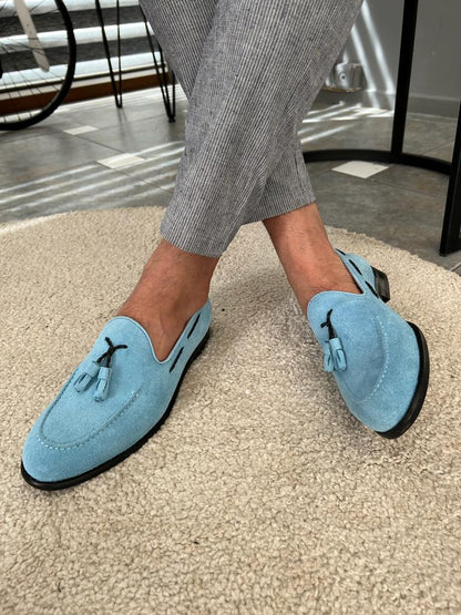 Tampa Sky Blue Suede Tassel Loafers