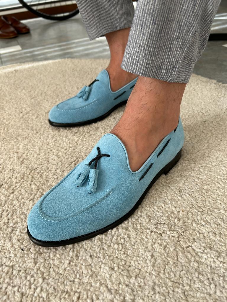 Tampa Sky Blue Suede Tassel Loafers