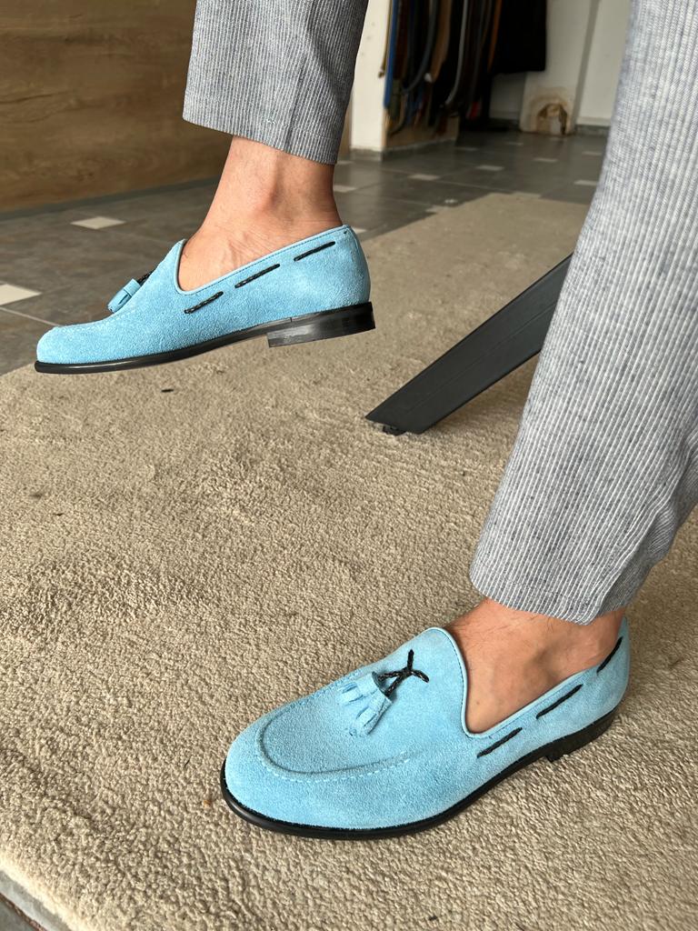 Tampa Sky Blue Suede Tassel Loafers