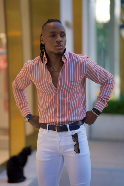 Brabion Milano Slim Fit Striped Camel Shirt - Versatile Elegance