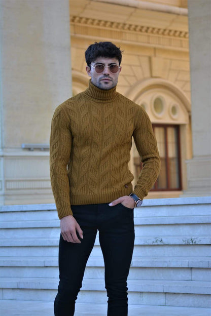 Vicenza Slim-fit Patterned Turtleneck Wool Knitwear in Camel