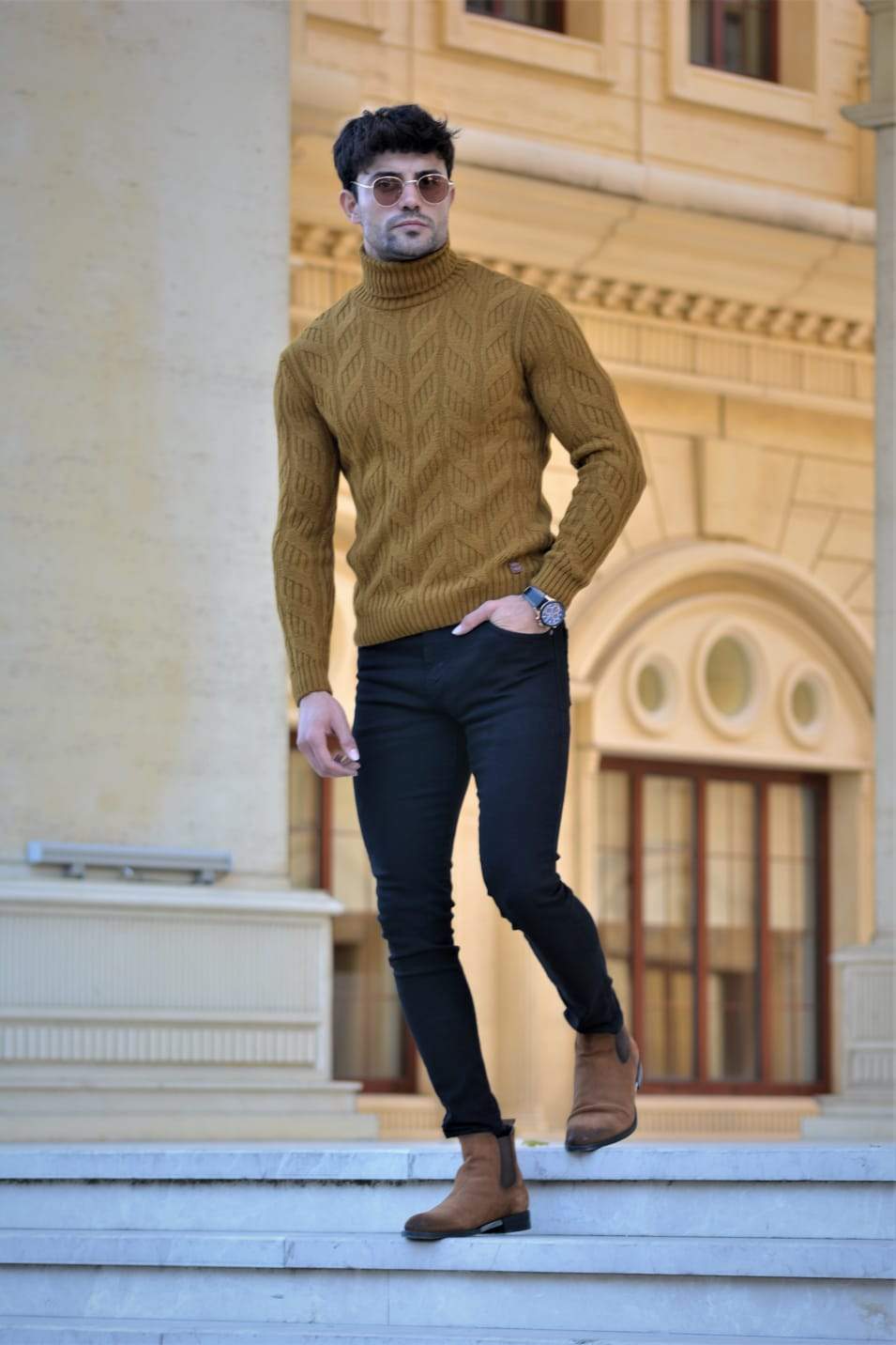 Vicenza Slim-fit Patterned Turtleneck Wool Knitwear in Camel