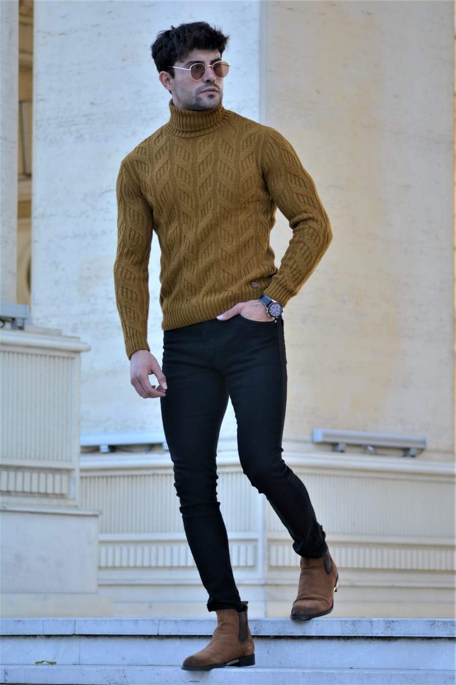 Vicenza Slim-fit Patterned Turtleneck Wool Knitwear in Camel