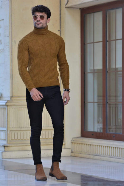 Vicenza Slim-fit Patterned Turtleneck Wool Knitwear in Camel