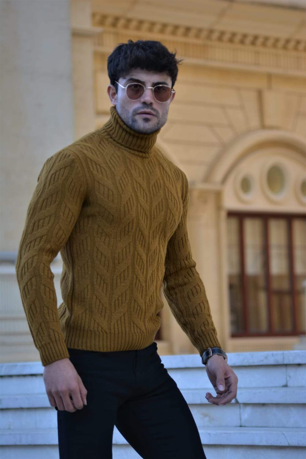 Vicenza Slim-fit Patterned Turtleneck Wool Knitwear in Camel